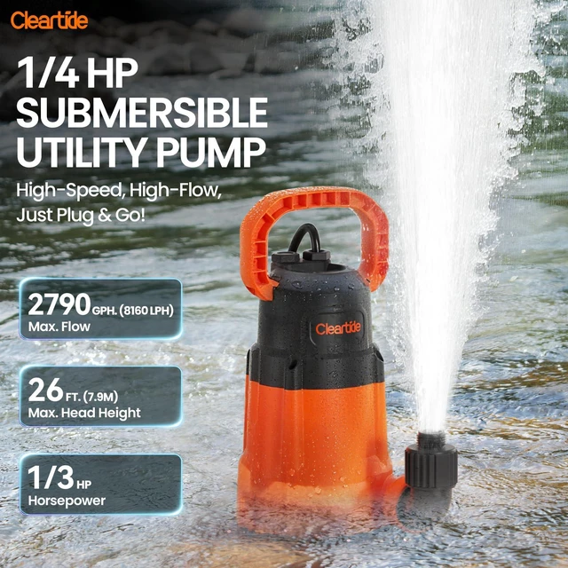 Alt view image 2 of 7 - Submersible Utility Water Pump, 1/3 HP 2790 GPH Portable Sump Pump with Copper Motor, Plug and Work for Pond, Garden Watering, Pool or Hot Tub Water Transfer