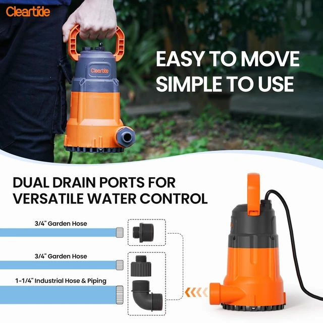 Alt view image 3 of 7 - Submersible Utility Water Pump, 1/3 HP 2790 GPH Portable Sump Pump with Copper Motor, Plug and Work for Pond, Garden Watering, Pool or Hot Tub Water Transfer