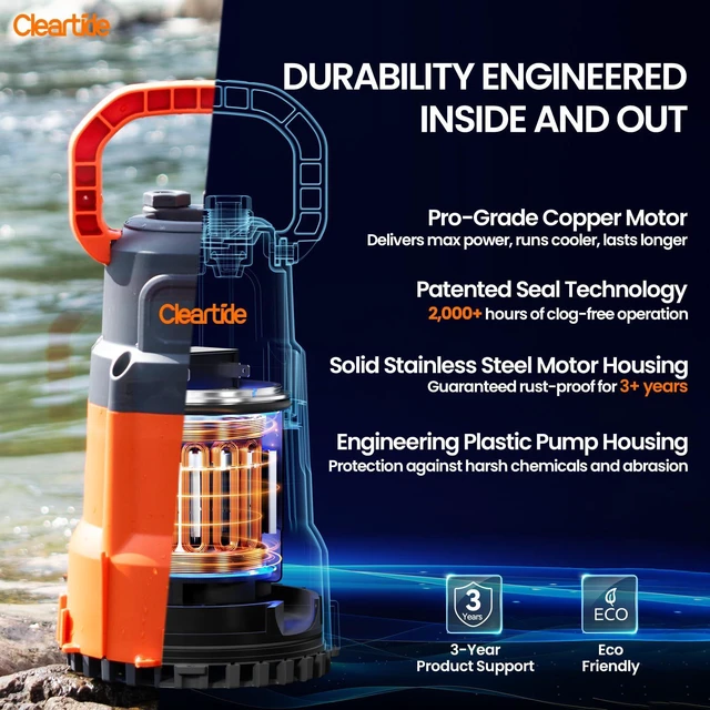 Alt view image 4 of 7 - Submersible Utility Water Pump, 1/3 HP 2790 GPH Portable Sump Pump with Copper Motor, Plug and Work for Pond, Garden Watering, Pool or Hot Tub Water Transfer