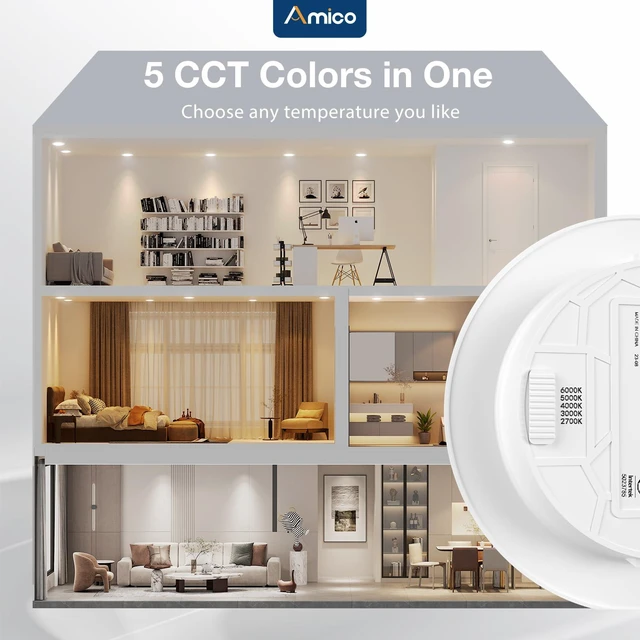 Alt view image 4 of 6 - Recessed Lighting 5/6 Inch, 24 Pack 5CCT Flat LED Can Lights, White Flat Trim, 12W=110W, 1050LM, 2700K/3000K/4000K/5000K/6000K Selectable, Dimmable, Easy Install, IC & Damp Rated, ETL & FCC