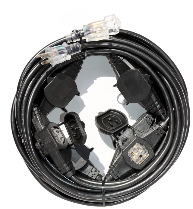 Main image of 50FT Power Extension Cord 3 Prong, 14 Gauge SJTW 5-15R Cable Male Plug to Female Connector,7 Outlets,Multiple Evenly-Spaced Plug,Suitable for Stage Setting or Outdoor