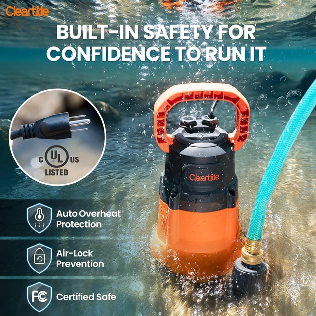 Alt view image 5 of 7 - Submersible Utility Water Pump, 1/3 HP 2790 GPH Portable Sump Pump with Copper Motor, Plug and Work for Pond, Garden Watering, Pool or Hot Tub Water Transfer