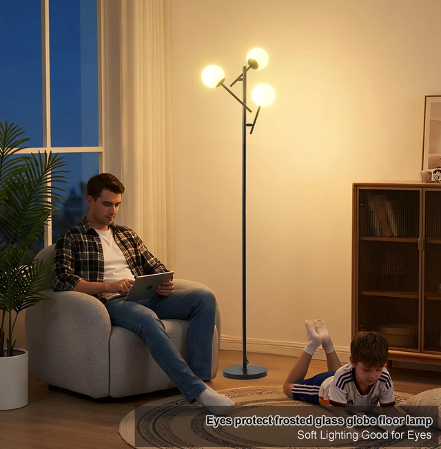 Alt view image 2 of 6 - 3 Globe Floor Lamp for Living Room, Swing Arms Standing Tree Lamp 3000K Warm White Light, 3 LED Bulbs Included, Adjustable Orb Glass Shade Mid Modern Lamp for Bedroom/Office, Matt Black