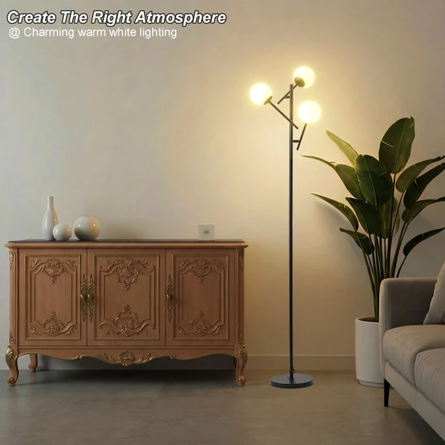 Alt view image 3 of 6 - 3 Globe Floor Lamp for Living Room, Swing Arms Standing Tree Lamp 3000K Warm White Light, 3 LED Bulbs Included, Adjustable Orb Glass Shade Mid Modern Lamp for Bedroom/Office, Matt Black