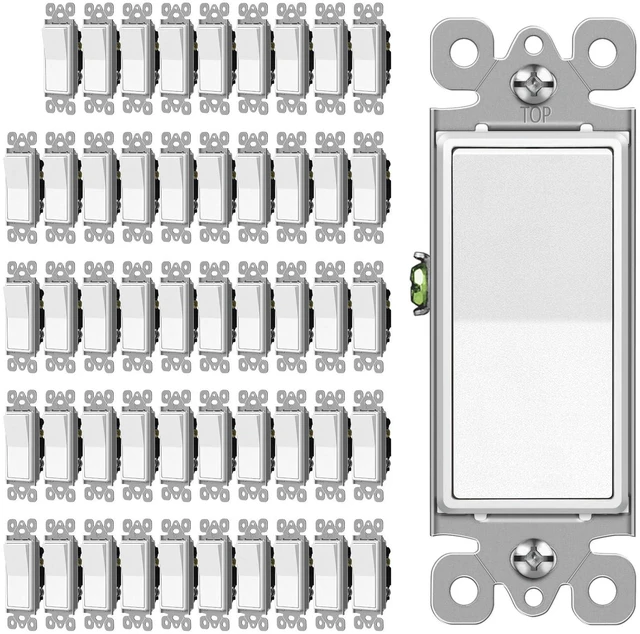 Main image of 3 Way Matte White Decorator Wall Light Switch, Single Pole or Three Way, 15A 120/277V, On/Off Paddle Rocker Interrupter, UL Listed, 50 Pack