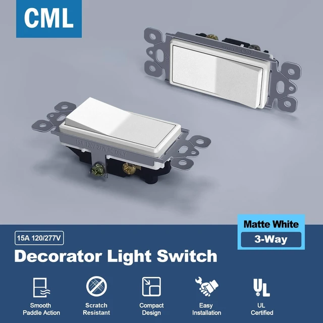 Alt view image 2 of 7 - 3 Way Matte White Decorator Wall Light Switch, Single Pole or Three Way, 15A 120/277V, On/Off Paddle Rocker Interrupter, UL Listed, 50 Pack