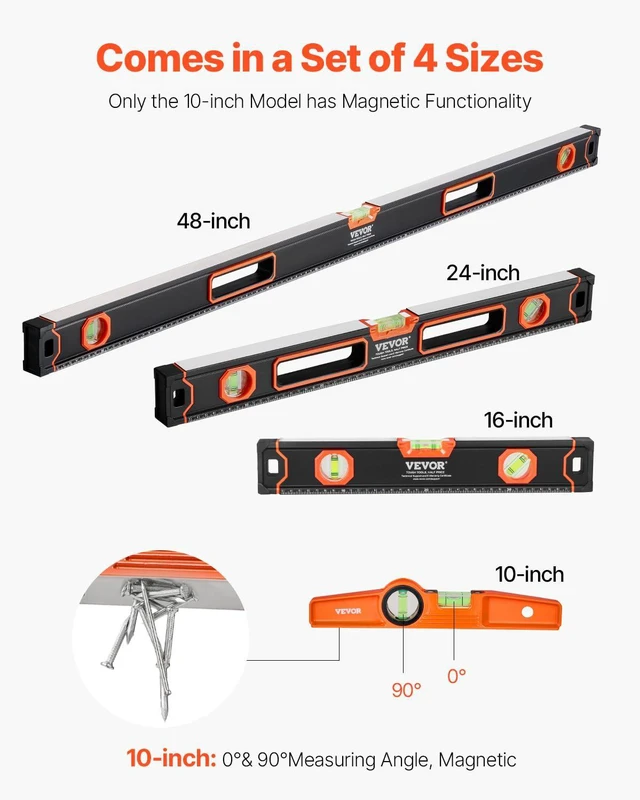 Alt view image 3 of 7 - 4-Piece Torpedo Level, 48/24/16/10 Inch Box Levels Set, Fluorescent Light Up Bubble Vials Ruler for 45/90/180 Degree, Aluminum Alloy Magnetic Leveler Tool, Shock-Proof(Only 10-inch has magnetic)