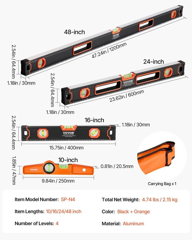 Alt view image 7 of 7 - 4-Piece Torpedo Level, 48/24/16/10 Inch Box Levels Set, Fluorescent Light Up Bubble Vials Ruler for 45/90/180 Degree, Aluminum Alloy Magnetic Leveler Tool, Shock-Proof(Only 10-inch has magnetic)