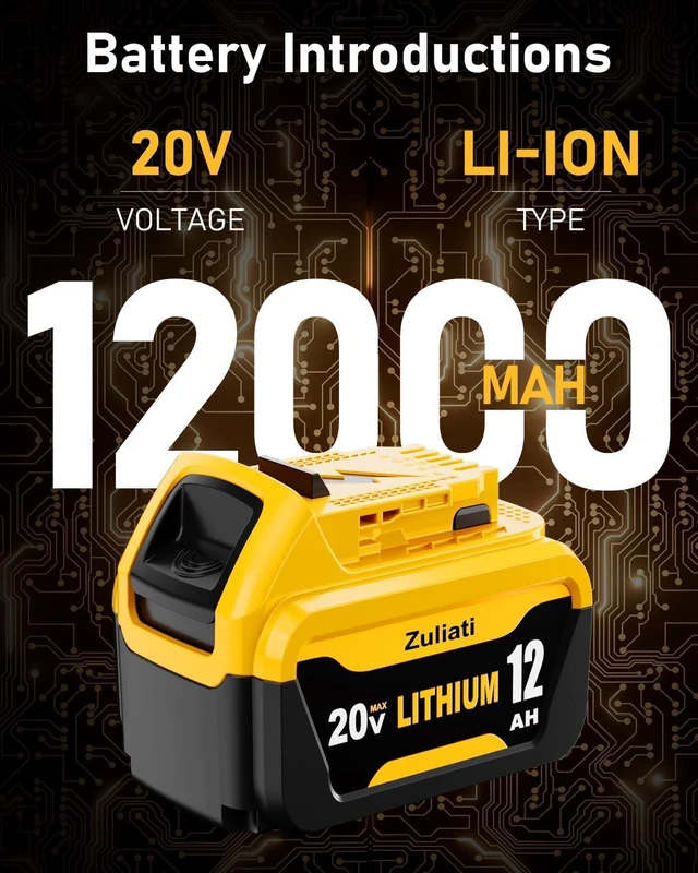 Alt view image 2 of 7 - 12Ah Replacement for Dewalt 20V Max Battery and DCB102 Charger (3PC) Compatible with Dewalt 20V Impact Driver, Hammer Drill, Sawzall, Vacuum
