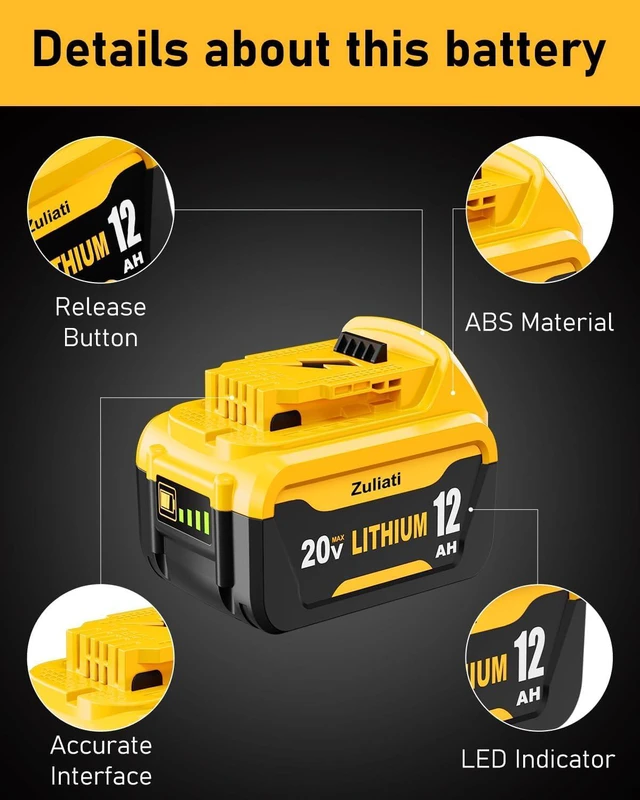 Alt view image 3 of 7 - 12Ah Replacement for Dewalt 20V Max Battery and DCB102 Charger (3PC) Compatible with Dewalt 20V Impact Driver, Hammer Drill, Sawzall, Vacuum