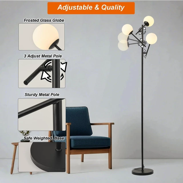 Alt view image 4 of 6 - 3 Globe Floor Lamp for Living Room, Swing Arms Standing Tree Lamp 3000K Warm White Light, 3 LED Bulbs Included, Adjustable Orb Glass Shade Mid Modern Lamp for Bedroom/Office, Matt Black