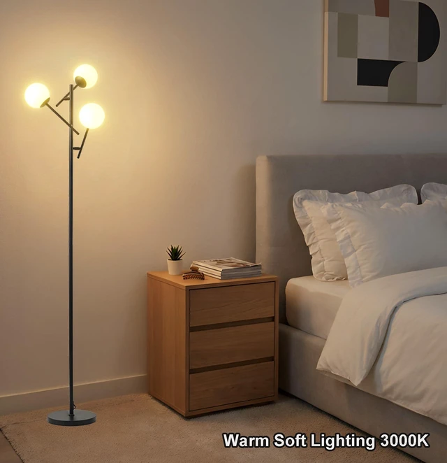 Alt view image 5 of 6 - 3 Globe Floor Lamp for Living Room, Swing Arms Standing Tree Lamp 3000K Warm White Light, 3 LED Bulbs Included, Adjustable Orb Glass Shade Mid Modern Lamp for Bedroom/Office, Matt Black