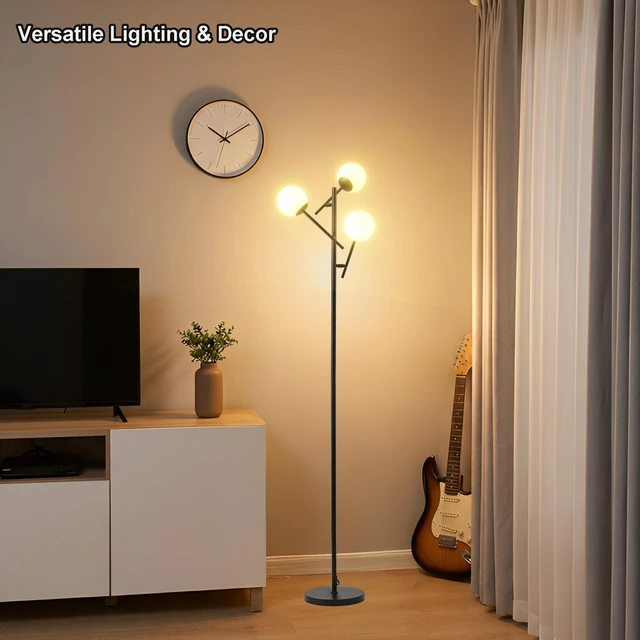 Alt view image 6 of 6 - 3 Globe Floor Lamp for Living Room, Swing Arms Standing Tree Lamp 3000K Warm White Light, 3 LED Bulbs Included, Adjustable Orb Glass Shade Mid Modern Lamp for Bedroom/Office, Matt Black