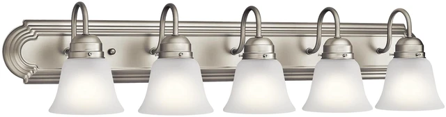 Main image of 5-Light Bathroom Vanity Light, Brushed Nickel Clear satin etched glass vanity light for bathroom mirrors (36" x 8" x 12"), 5339NIS