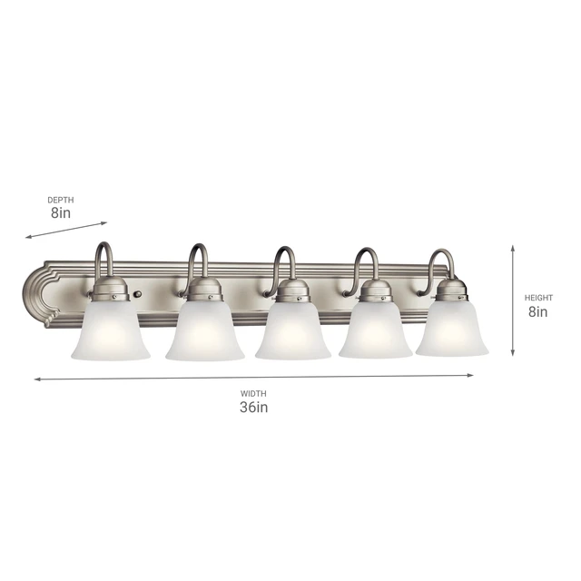 Alt view image 2 of 7 - 5-Light Bathroom Vanity Light, Brushed Nickel Clear satin etched glass vanity light for bathroom mirrors (36" x 8" x 12"), 5339NIS