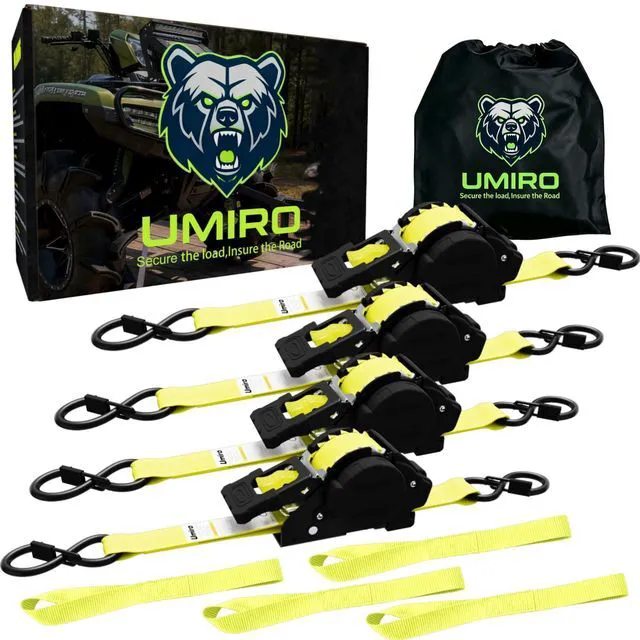 Main image of Retractable Ratchet Straps, 4-Pack, 1 Inch x 12 Feet Heavy Duty Tie Downs, 1760lb Break Strength, Self Retracting for Truck, Cargo, Trailer, Motorcycle, ATV, UTV (Yellow, 4pack)