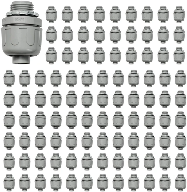 Main image of Conduit Connectors, 1/2 Inch, Straight, Grey, 100-Pack Liquid Tight Connector, NPT, Non-Metallic, for PVC Electrical Flexible Conduit Fittings, 180 Degree, UL Listed
