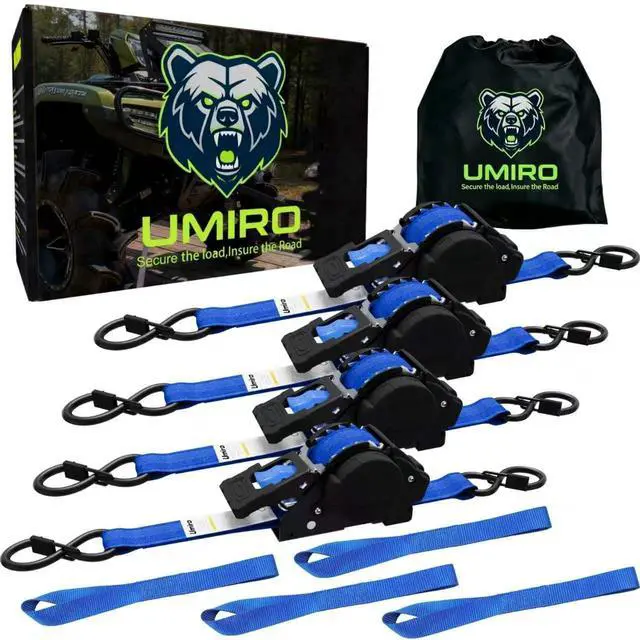 Main image of Retractable Ratchet Straps, 4-Pack, 1 Inch x 12 Feet Heavy Duty Tie Downs, 1760lb Break Strength, Self Retracting for Truck, Cargo, Trailer, Motorcycle, ATV, UTV (Blue, 4pack)