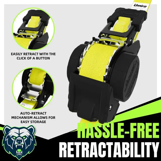 Alt view image 6 of 7 - Retractable Ratchet Straps, 4-Pack, 1 Inch x 12 Feet Heavy Duty Tie Downs, 1760lb Break Strength, Self Retracting for Truck, Cargo, Trailer, Motorcycle, ATV, UTV (Yellow, 4pack)