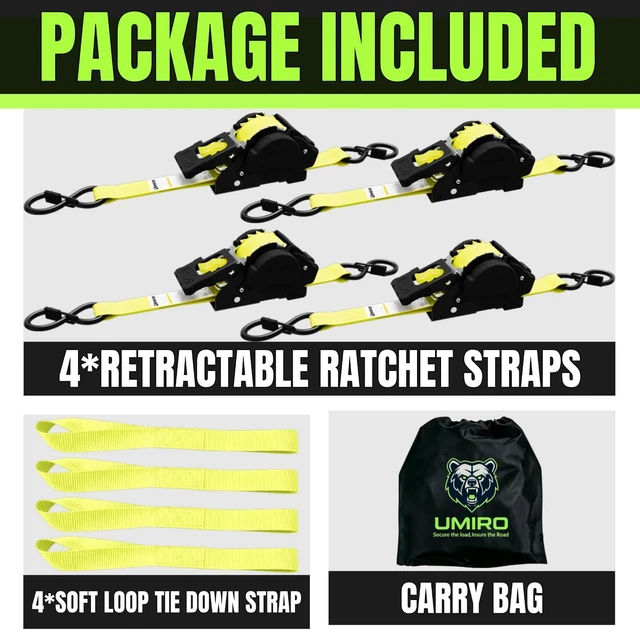 Alt view image 7 of 7 - Retractable Ratchet Straps, 4-Pack, 1 Inch x 12 Feet Heavy Duty Tie Downs, 1760lb Break Strength, Self Retracting for Truck, Cargo, Trailer, Motorcycle, ATV, UTV (Yellow, 4pack)