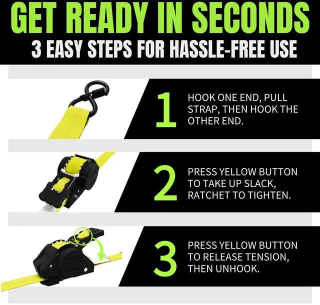 Alt view image 4 of 7 - Retractable Ratchet Straps, 4-Pack, 1 Inch x 12 Feet Heavy Duty Tie Downs, 1760lb Break Strength, Self Retracting for Truck, Cargo, Trailer, Motorcycle, ATV, UTV (Yellow, 4pack)