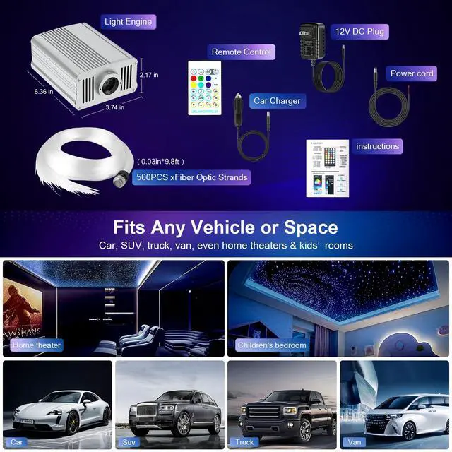 Alt view image 7 of 7 - Starlight Headliner Kit - 500pcs 0.03in 9.8ft Fiber Optic Star Lights for Car with 16W RGBW, Twinkle & Music Sync, APP/Remote Control for Car Roof/Bedroom Ceiling