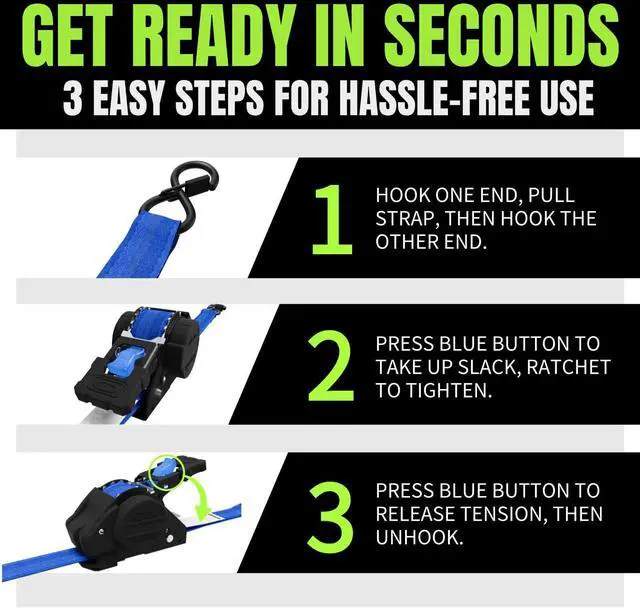 Alt view image 4 of 7 - Retractable Ratchet Straps, 4-Pack, 1 Inch x 12 Feet Heavy Duty Tie Downs, 1760lb Break Strength, Self Retracting for Truck, Cargo, Trailer, Motorcycle, ATV, UTV (Blue, 4pack)