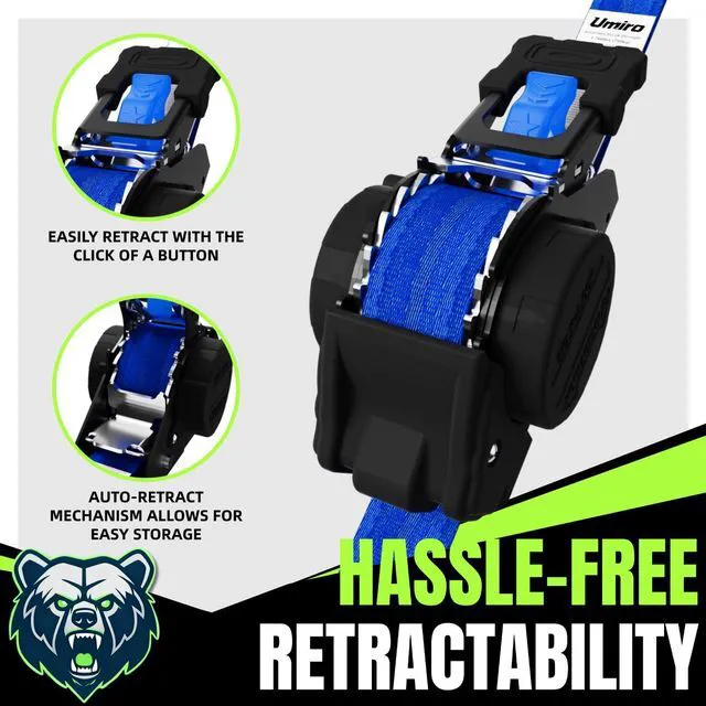 Alt view image 6 of 7 - Retractable Ratchet Straps, 4-Pack, 1 Inch x 12 Feet Heavy Duty Tie Downs, 1760lb Break Strength, Self Retracting for Truck, Cargo, Trailer, Motorcycle, ATV, UTV (Blue, 4pack)