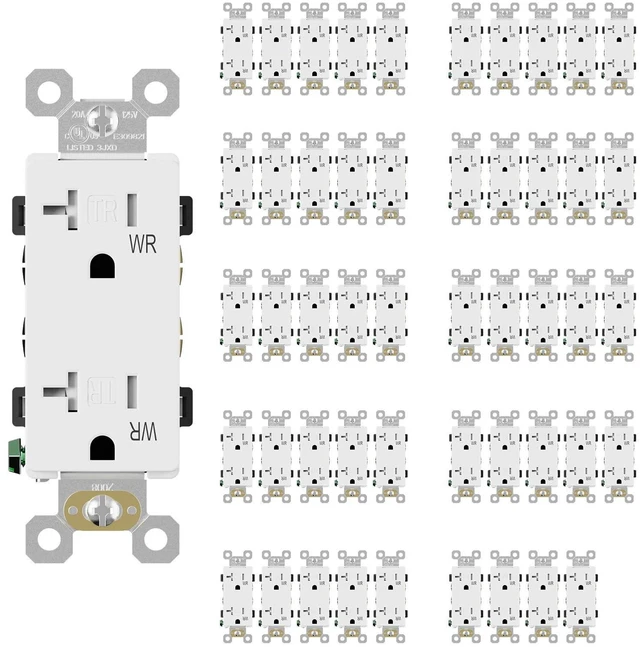 Main image of Glossy White Decorator Wall Receptacle Outlets, TR Tamper Resistant & WR Weather Resistant Outlet, 20 Amp Electrical Outlets, Self-grounding, 125V, 2 Pole 3 Wire, 5-20R, UL Listed, 50 Pack