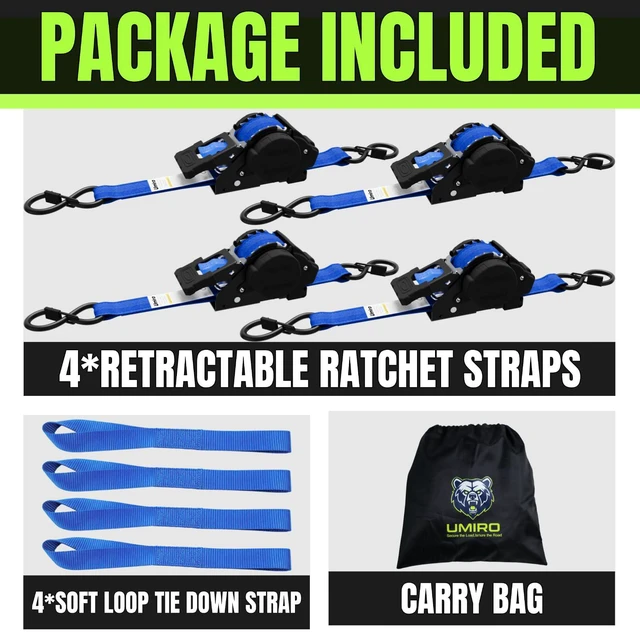 Alt view image 7 of 7 - Retractable Ratchet Straps, 4-Pack, 1 Inch x 12 Feet Heavy Duty Tie Downs, 1760lb Break Strength, Self Retracting for Truck, Cargo, Trailer, Motorcycle, ATV, UTV (Blue, 4pack)