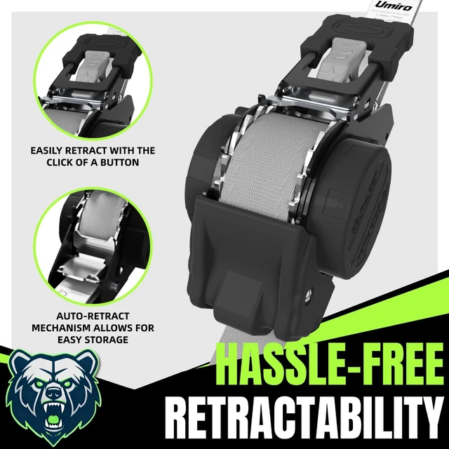 Alt view image 6 of 7 - Retractable Ratchet Straps, 4-Pack, 1 Inch x 12 Feet Heavy Duty Tie Downs, 1760lb Break Strength, Self Retracting for Truck, Cargo, Trailer, Motorcycle, ATV, UTV (Grey, 4pack)