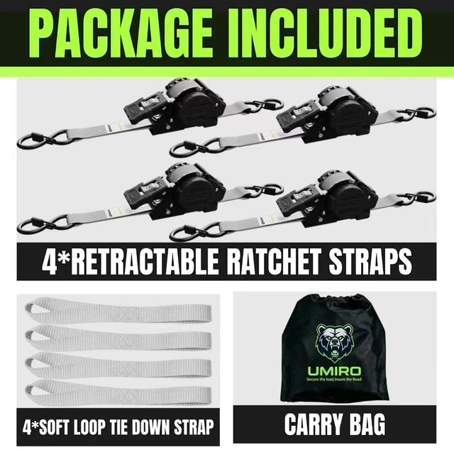 Alt view image 7 of 7 - Retractable Ratchet Straps, 4-Pack, 1 Inch x 12 Feet Heavy Duty Tie Downs, 1760lb Break Strength, Self Retracting for Truck, Cargo, Trailer, Motorcycle, ATV, UTV (Grey, 4pack)