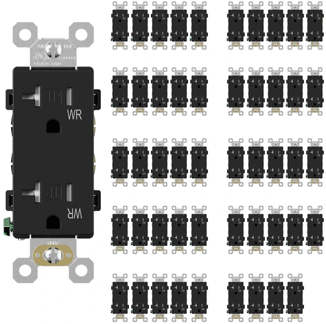 Main image of Glossy Black Decorator Wall Receptacle Outlets, TR Tamper Resistant & WR Weather Resistant Outlet, 20 Amp Electrical Outlets, Self-grounding, 125V, 2 Pole 3 Wire, 5-20R, UL Listed, 50 Pack