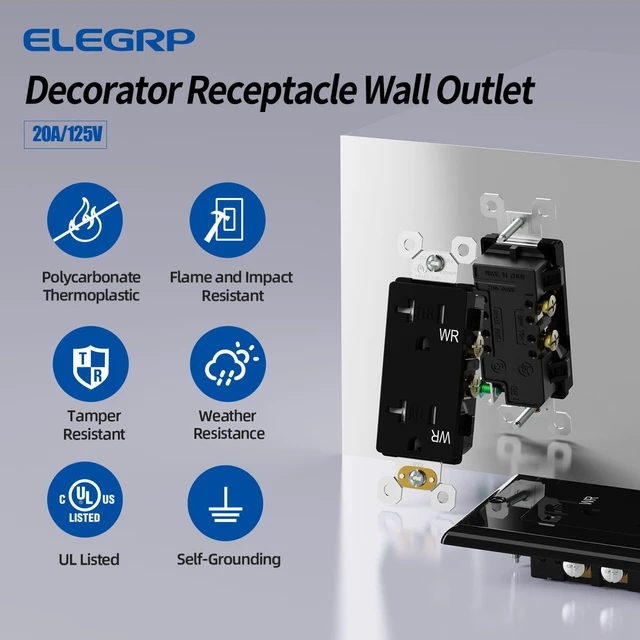 Alt view image 2 of 7 - Glossy Black Decorator Wall Receptacle Outlets, TR Tamper Resistant & WR Weather Resistant Outlet, 20 Amp Electrical Outlets, Self-grounding, 125V, 2 Pole 3 Wire, 5-20R, UL Listed, 50 Pack