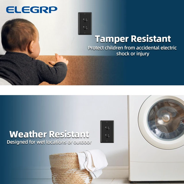 Alt view image 4 of 7 - Glossy Black Decorator Wall Receptacle Outlets, TR Tamper Resistant & WR Weather Resistant Outlet, 20 Amp Electrical Outlets, Self-grounding, 125V, 2 Pole 3 Wire, 5-20R, UL Listed, 50 Pack