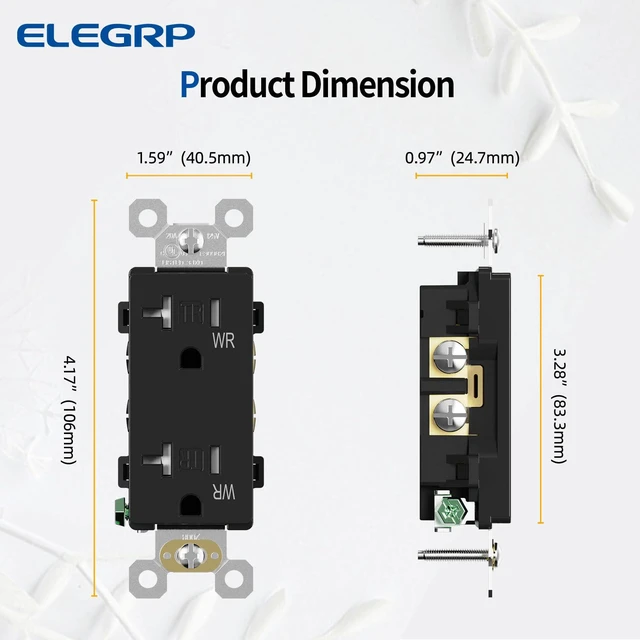 Alt view image 5 of 7 - Glossy Black Decorator Wall Receptacle Outlets, TR Tamper Resistant & WR Weather Resistant Outlet, 20 Amp Electrical Outlets, Self-grounding, 125V, 2 Pole 3 Wire, 5-20R, UL Listed, 50 Pack