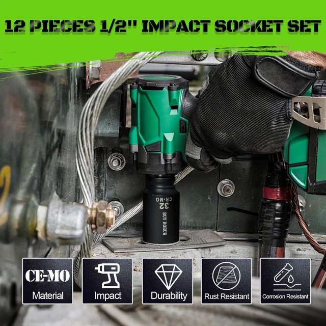 Alt view image 5 of 7 - 1/2 Inch Drive Deep Impact Socket Set,12 PCS Extended Socket Set, 6-Point Metric, Cr-Mo Steel
