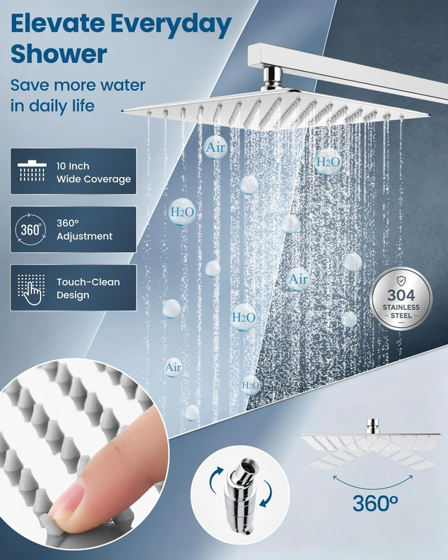 Alt view image 4 of 7 - 10 Inch Shower Faucet Set,Bathtub Faucet Kit,Chrome Polish Shower Tub Faucet Set,Male Threads Rough-In Valve,Square Head Shower System