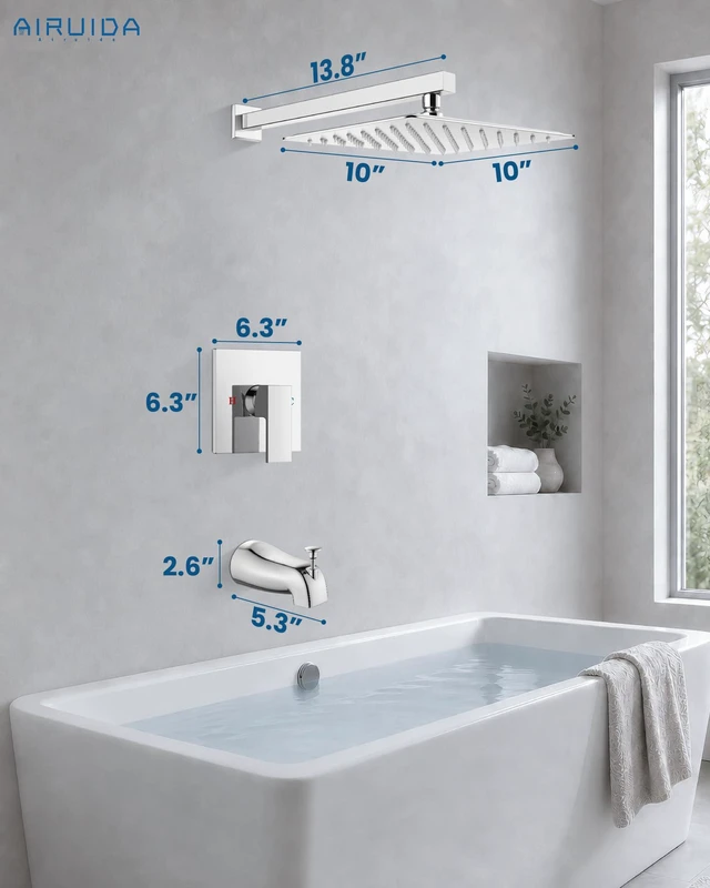 Alt view image 7 of 7 - 10 Inch Shower Faucet Set,Bathtub Faucet Kit,Chrome Polish Shower Tub Faucet Set,Male Threads Rough-In Valve,Square Head Shower System