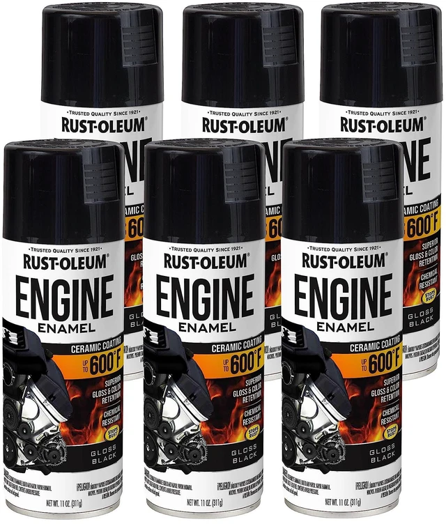 Main image of Automotive Engine Enamel Spray Paint, Gloss Black Heat Resistant Up to 600 F | Gas & Oil Resistant | Stops Rust Formula | Any-Angle Spray | Durable Automotive Finish | 6 Pack