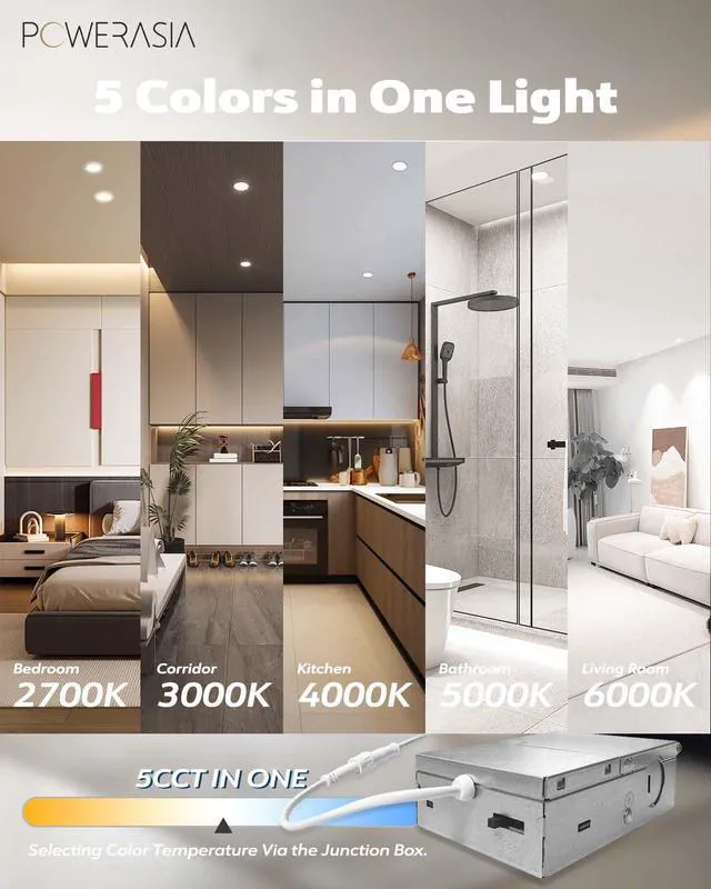 Alt view image 4 of 7 - 12 Pack 7 Inch LED Recessed Lighting, 5CCT Canless Wafer, White 2700K-6000K Selectable, 5%-100% Dimmable, Ultra-thin, Metal housing 1300LM 16W, IC & Damp Rated, ETL & FCC 50000h Life Span