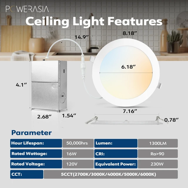 Alt view image 2 of 7 - 12 Pack 7 Inch LED Recessed Lighting, 5CCT Canless Wafer, White 2700K-6000K Selectable, 5%-100% Dimmable, Ultra-thin, Metal housing 1300LM 16W, IC & Damp Rated, ETL & FCC 50000h Life Span