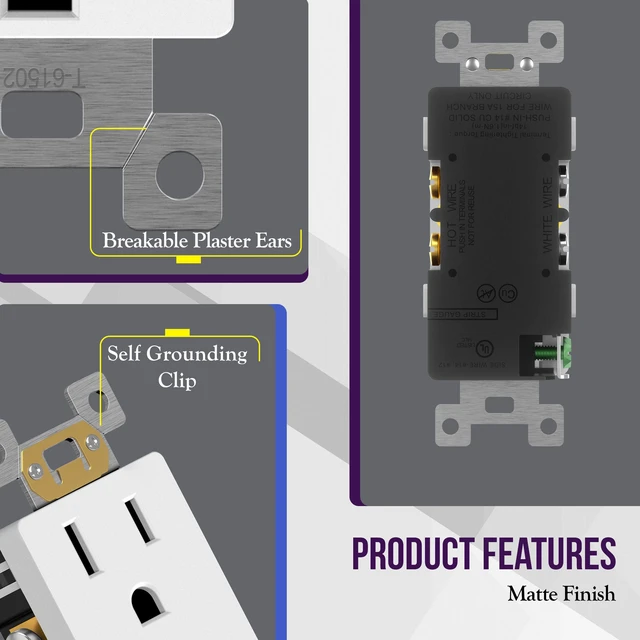 Alt view image 3 of 7 - 40 Pack Decorator Outlet 15A Receptacle with Screwless Wall Plate Self-Grounding, UL Listed, Standard Residential Electrical Outlets for Home, Non-Tamper Resistant, 5-15R, 125V, Matte White