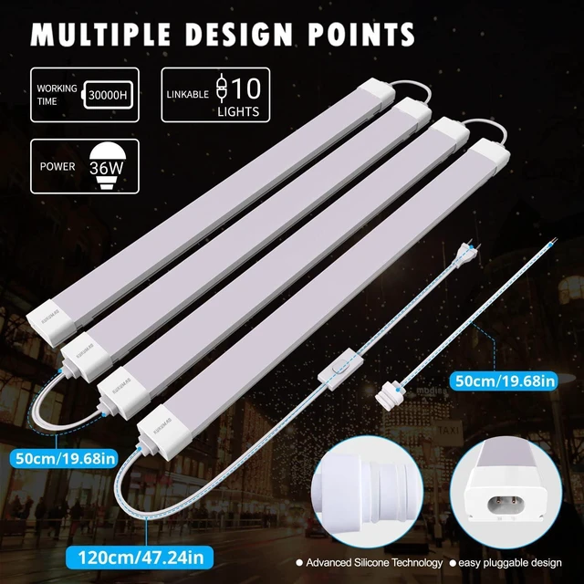 Alt view image 3 of 7 - Utility LED Shop Lights Fixture with Plug 4FT 5000K 36W 3600LM Plug-and-Play Linkable Ceiling Light. Under Cabinet Light,Workbench Lamp for Garage, Kitchen, Bathroom, Closet & Office