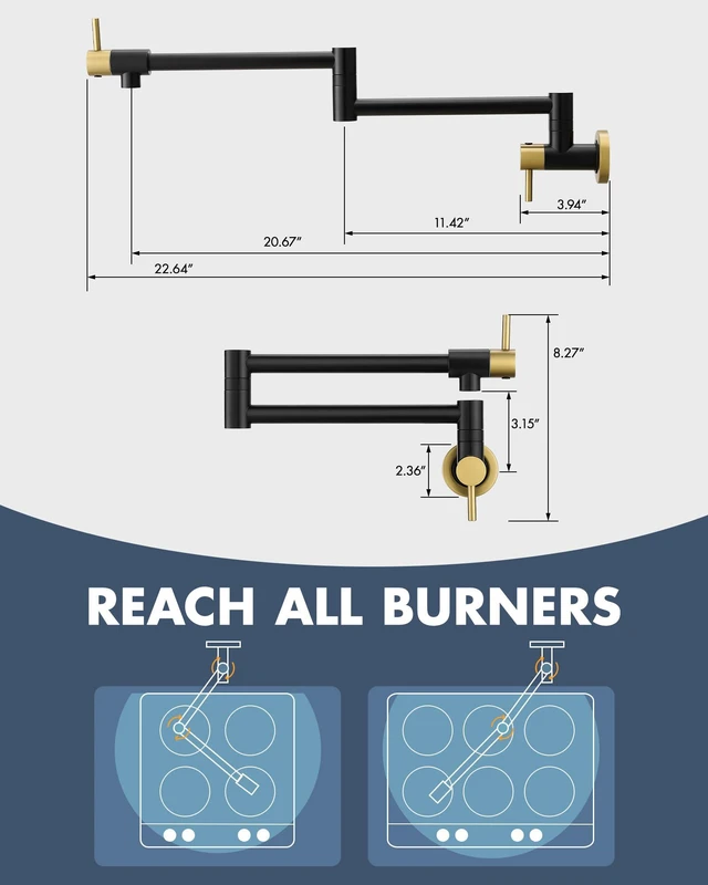 Alt view image 2 of 6 - Pot Filler Faucet Black and Gold for Kitchen Over Stove 22.5 Inch Wall Mount Folding Stretchable Kitchen Stainless Steel Pot Filler Double Joint Swing Arm Two Handles NPT