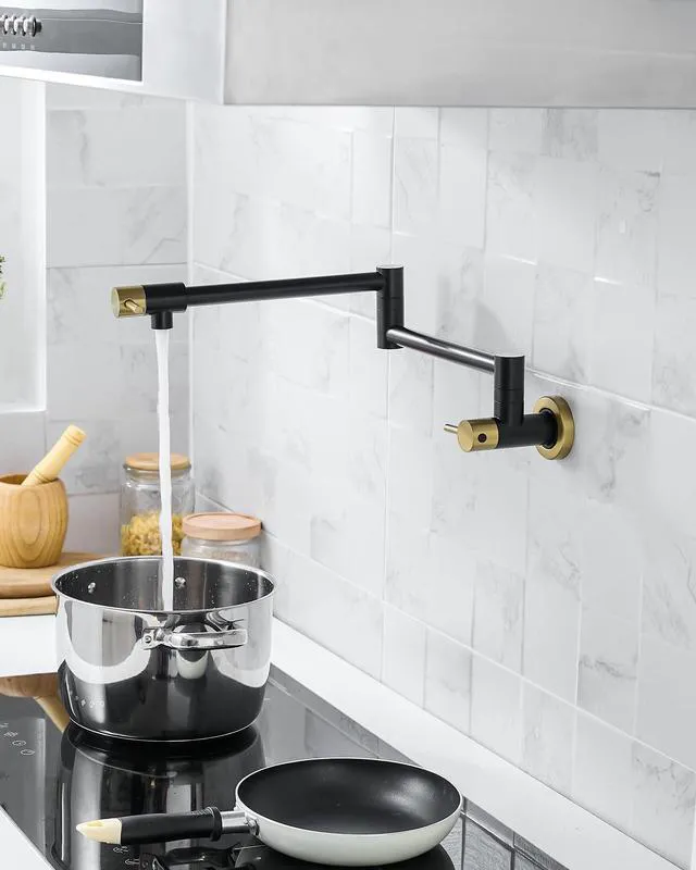 Alt view image 5 of 6 - Pot Filler Faucet Black and Gold for Kitchen Over Stove 22.5 Inch Wall Mount Folding Stretchable Kitchen Stainless Steel Pot Filler Double Joint Swing Arm Two Handles NPT