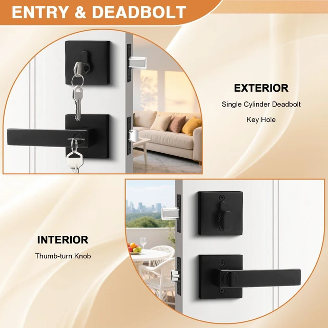 Alt view image 3 of 7 - Square Entry Levers and Single Cylinder Deadbolts Combo Pack, Flat Black Keyed Alike Heavy Duty Keyed Entry Handles Locksets Reversible for Right and Left Side, 2 Pack(All Same Keys)