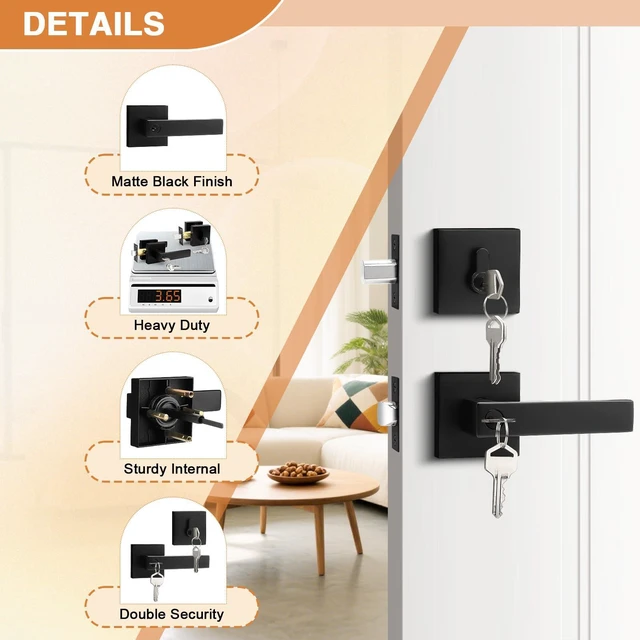 Alt view image 4 of 7 - Square Entry Levers and Single Cylinder Deadbolts Combo Pack, Flat Black Keyed Alike Heavy Duty Keyed Entry Handles Locksets Reversible for Right and Left Side, 2 Pack(All Same Keys)
