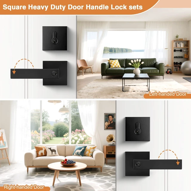 Alt view image 5 of 7 - Square Entry Levers and Single Cylinder Deadbolts Combo Pack, Flat Black Keyed Alike Heavy Duty Keyed Entry Handles Locksets Reversible for Right and Left Side, 2 Pack(All Same Keys)