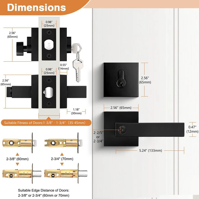 Alt view image 6 of 7 - Square Entry Levers and Single Cylinder Deadbolts Combo Pack, Flat Black Keyed Alike Heavy Duty Keyed Entry Handles Locksets Reversible for Right and Left Side, 2 Pack(All Same Keys)